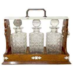 Antique English Victorian Silver-Plate Mounted Oak & Cut Crystal 3-Bottle Tantalus, Circa 1890's.