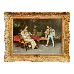Antique Late 19th Century Italian Oil on Canvas Painting "The Music Lesson," Signed "Adriano Cecchi," (1850-1936).