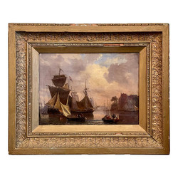 Antique 19th Century French Framed Oil on Canvas Painting of Ships at Port.