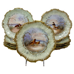 Set of 10 Antique French "A.K." Limoges Sage and Gold Hand-Painted Porcelain Game Pheasant Plates, Circa 1900.