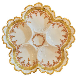 Antique French Limoges Porcelain Oyster Plate, Signed "Martin China Limoges, France," Circa 1900. Hand-Painted with Fine Gold Details Throughout.
