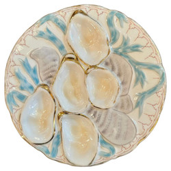 Antique German Porcelain Turkey Pattern Oyster Plate, Signed "Carl Tielsch & Company", Circa 1890. Hand-Painted Sky Blue, Ivory & Gold.