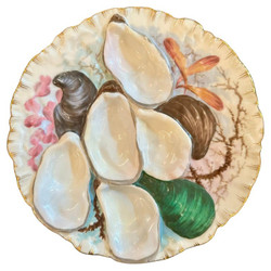 Antique French "Haviland & Company," Limoges Porcelain Turkey Pattern Oyster Plate, Circa 1880's. Hand-Painted in Colors of Ivory, Gold, Vivid Green and Deep Pink.