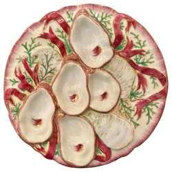 Stunning Antique German "Carl Tielsch Co." Porcelain Turkey Pattern Oyster Plate Hand-Painted in Cranberry & Green Colors with Gold Details, Circa 1890's.