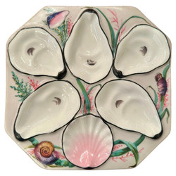 Antique Art Nouveau French Limoges Porcelain Mauve, Pink and Green Hand-Painted Oyster Plate, Signed "Oscar Gutherz Limoges," Circa 1900's.