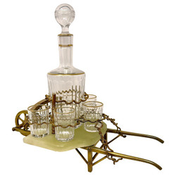 Antique French Gold Bronze, Onyx Marble and Cut Crystal Wheelbarrow Liqueur Set, Circa 1880's.