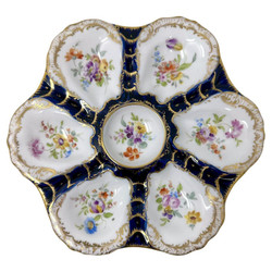 Antique German Dresden Porcelain Cobalt Blue Oyster Plate with Floral Details and Hand-Painted Goldwork, Circa 1880's.