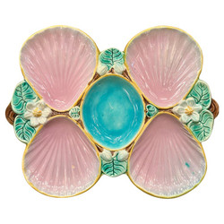Antique English "Joseph Holdcroft" Porcelain Pond Lily Pattern Oyster Plate in Sea-Foam Green, Blue & Pink Colors, Circa 1890's.