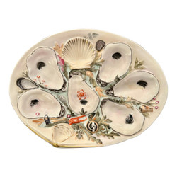 Antique American "Union Porcelain Works" Porcelain Sea Life Oyster Plate, Circa 1880-1890's. Rare Large Clamshell Format, Hand-Painted Light Blue, Red, Orange, Tan & Green on a White Background.