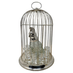 Estate Silver-Plated Figural Bird Decanter in Cage with Glasses, Circa 1930-1940's.