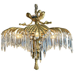 Antique French Art Deco Gold Bronze and Cut Crystal Palm Chandelier, Circa 1910.
