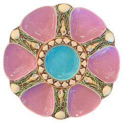 Rare Antique English Minton Majolica Pink with Blue Porcelain Oyster Plate, Circa 1865.