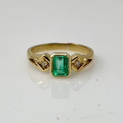 Antique English 18 Karat Yellow Gold .80 Carat Emerald & Diamond Ring.