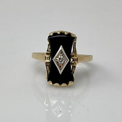 Estate American 10 Karat Yellow Gold Onyx & Diamond Ring.