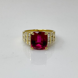 Hand-Made 18 Karat Yellow Gold 3.70 Carat Rubellite & .36 Carat Diamond Ring.