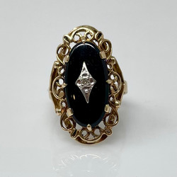 Antique American 10 Karat Yellow Gold Onyx & Diamond Ring.