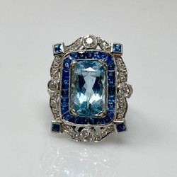 Hand-Made Platinum 3.81 Carat Aquamarine, .95 Carat Diamond, & Sapphire Ring.