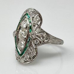 Hand-Made 14 Karat White Gold Art Deco Style 1.4 Carat Diamond & Emerald Ring.
