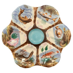 Antique German Porcelain Shaped Oyster Plate with Colorful Hand-Painted Sea Life, Circa 1890's.