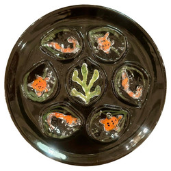 Estate French Faience Porcelain Hand-Painted Green and Orange Oyster Plate, Circa 1930-1940.