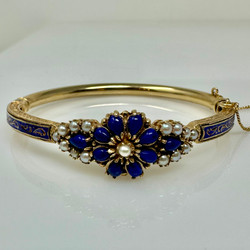 Antique American 14 Karat Yellow Gold Lapis Lazuli, Pearl & Blue Enamel Bangle Bracelet.