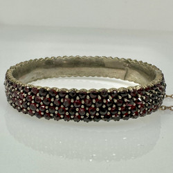Antique Sterling Vermeil Bohemian Rose Cut Garnet Bangle Bracelet.