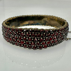 Wide Antique Sterling Vermeil Bohemian Rose Cut Garnet Bangle Bracelet.
