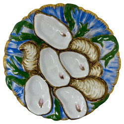Antique French Hand-Painted Porcelain Turkey Pattern Oyster Plate, Circa 1890's
