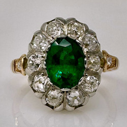 Antique English 18 Karat Yellow Gold 1.34 Carat Emerald and 1.14 Carat Old Mine Diamond Ring.