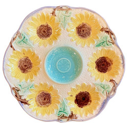 Antique English "Samuel Lear" Sunflower Design Majolica Porcelain Oyster Plate, Circa 1880's.