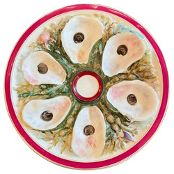Large Antique American "Union Porcelain Works, New York" Porcelain Sea Life Oyster Plate, Circa 1890's. Hand-Painted Fuchsia, Green, Yellow, Pink and Lavender on a White Background.