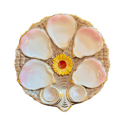 Antique German "Carl Tielsch" Porcelain Oyster Plate with Sunflower Motif, Circa 1890. This is a Larger Plate in Colors of Pink, Yellow, Tan and Red with Hand-Painted Gold Leaf Details.