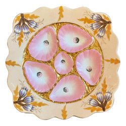 Antique German "Marx & Gutherz" of Carlsbad, Bohemia Peach & Pink Porcelain Square Shaped Oyster Plate, Circa 1890's.