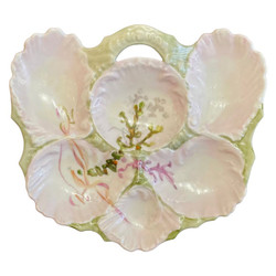 Antique French "M.R. Limoges" Porcelain Hand-Painted Handle Design Oyster Plate, Circa 1890.