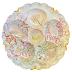 Antique French Hand-Painted Porcelain Oyster Plate, Signed "H. Limoges Co.," Circa 1900.
