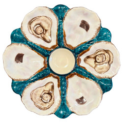 Antique Continental Porcelain Hand-Painted Teal and White Oyster Plate, Circa 1880-1890.