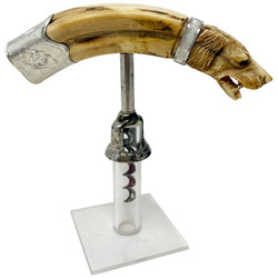 Antique American Carved Boars Tusk Corkscrew with Sterling Silver Mounts, Circa 1900.