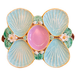 Rare Antique English Art Nouveau Majolica Porcelain Lily Pad Oyster Plate, "T. Holdcroft," Circa 1900-1920.