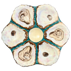 Antique Continental Porcelain Oyster Plate with Hand-Painted Turquoise Accents, Circa 1880-1890.