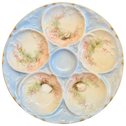 Antique French Hand-Painted Sea-Life Porcelain Oyster Plate, Signed "Theo Haviland Limoges," France, Circa 1900.  Hand-Painted Light Blue with Pastel Pink and Green Accents.