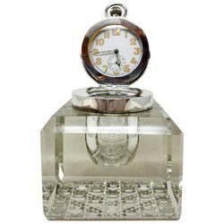 Antique English Sterling Silver Mounted Cut Crystal Ink Well with Watch / Clock, Circa 1900's.