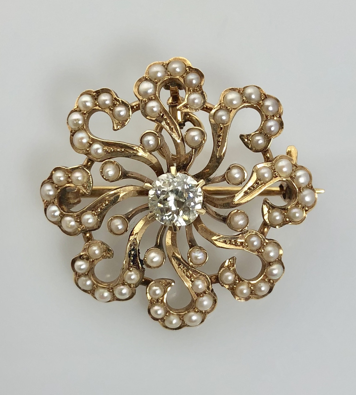 Antique Etruscan Cut Diamond and Seed Pearl Starburst Pin - Moss Antiques