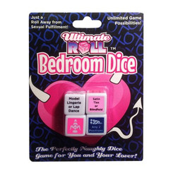 The perfectly naughty dice game for lovers! Just a roll away from sexual fulfillment! Leave sex-play up to fate with one roll of the dice!  With Ultimate Roll Bedroom Dice, players can discover new and exciting ways to turn theirhome into the ultimate sexual playground. To play, decide who rolls first, then roll all four dice together. Read the directions that correspond with your roll from light to dark. There are no losers, so roll the dice and act it out!