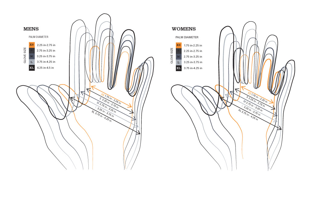 Snowboard glove sizing chart for Celtek Gloves & Mittens.