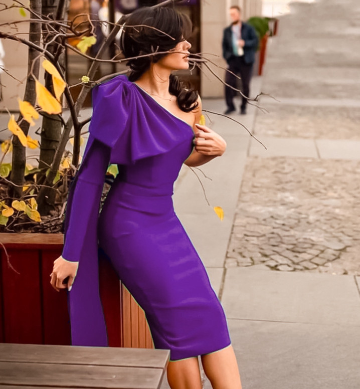 One Sleeve Bow Midi Dress Purple - Luxe Dresses and Luxe Party Dresses