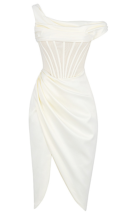 One Sleeve Bardot Draped Midi Satin Dress White - Luxe Dresses and ...
