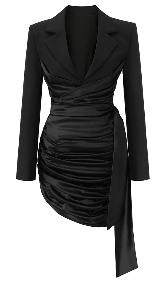 Long Sleeve Draped Silk Blazer Dress Black - Luxe Blazer Dresses and ...