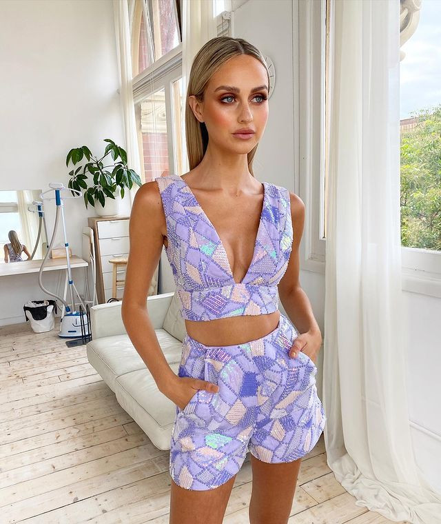 Sequined Crop Top Shorts Set Lavender - Luxe Two Piece Sets and Celebrity  Inspired Dresses