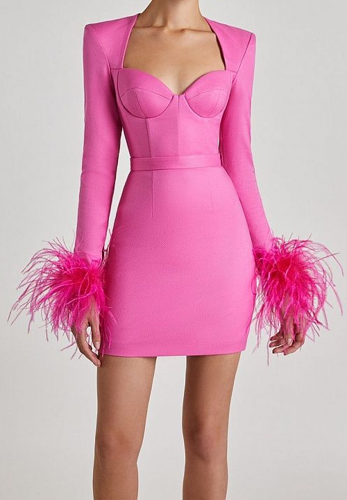 Long Sleeve Bustier Feather Sequin Dress Hot Pink - Luxe Sequin Dresses and  Luxe Party Dresses