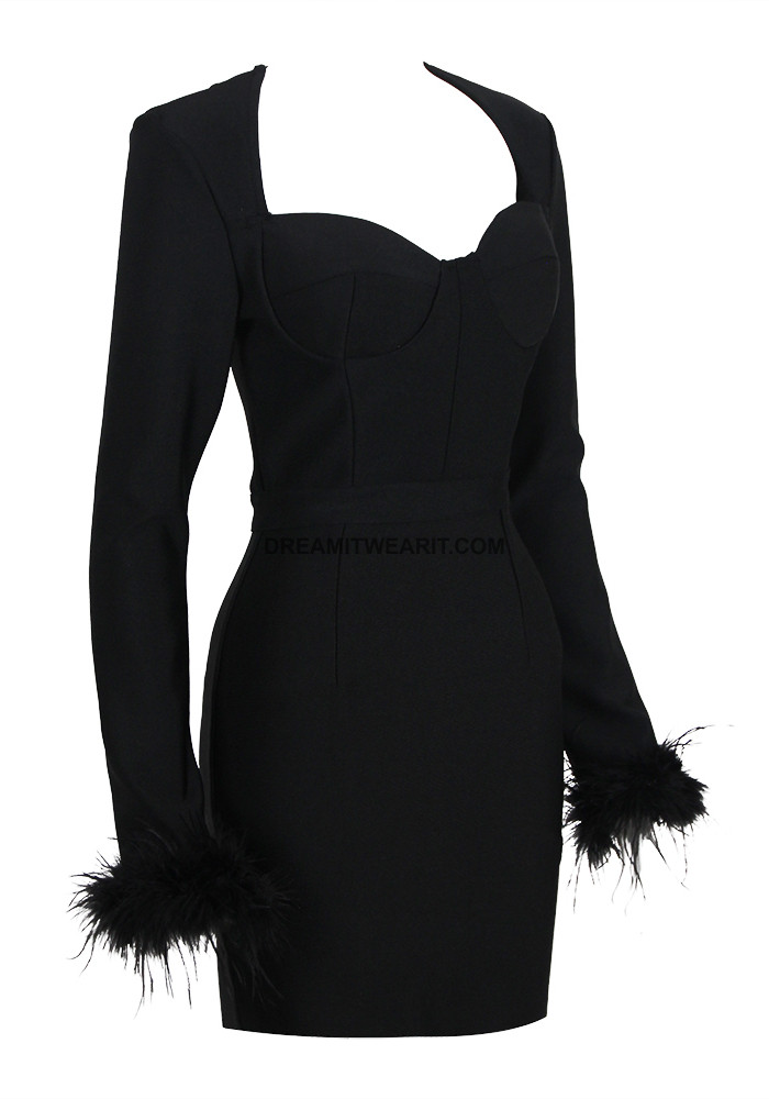 Feather Long Sleeve Bustier Dress Black - Luxe Long Sleeve Dresses and ...
